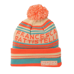 FB name logo orange, aqua, tan striped pom beanie Francesca Battistelli