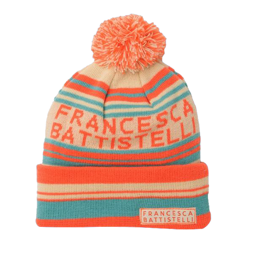 FB name logo orange, aqua, tan striped pom beanie Francesca Battistelli