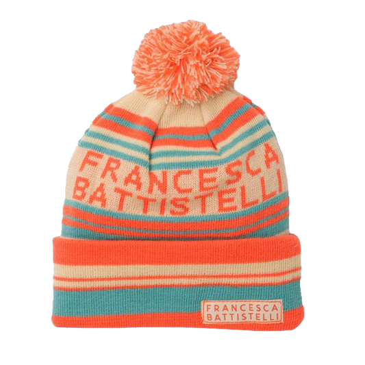 FB name logo orange, aqua, tan striped pom beanie Francesca Battistelli