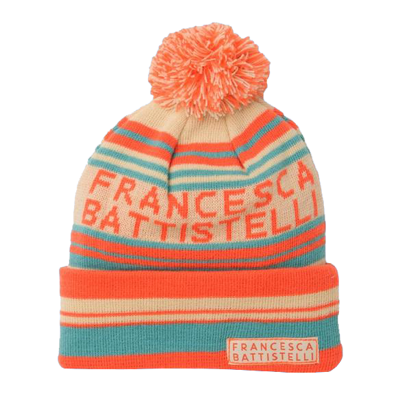 FB name logo orange, aqua, tan striped pom beanie Francesca Battistelli